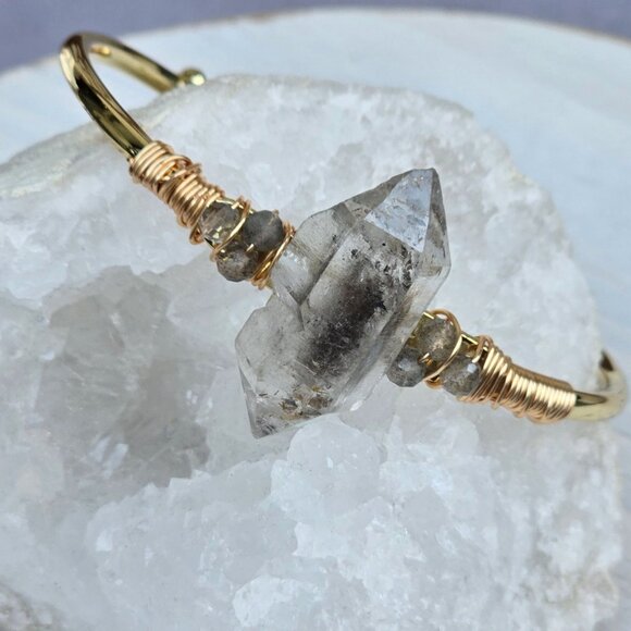 Herkimer Diamond Wire Wrap Cuff 14Kt Gold Over Copper Clarity Talisman Handmade - Picture 5 of 10
